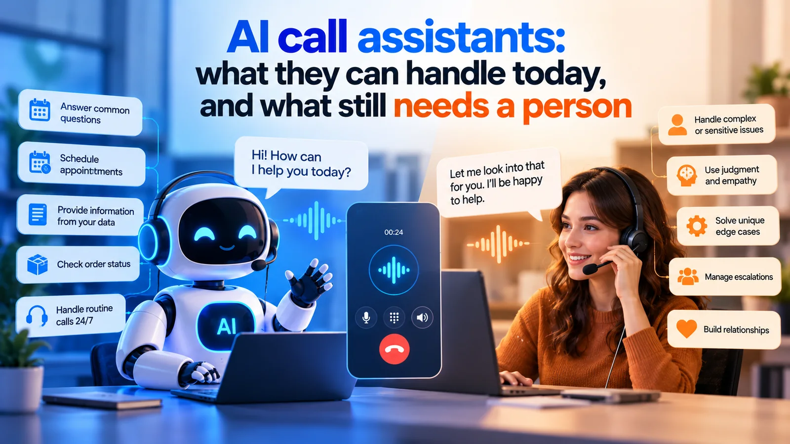 An AI assistant handling routine calls on one side and a human agent handling complex calls on the other