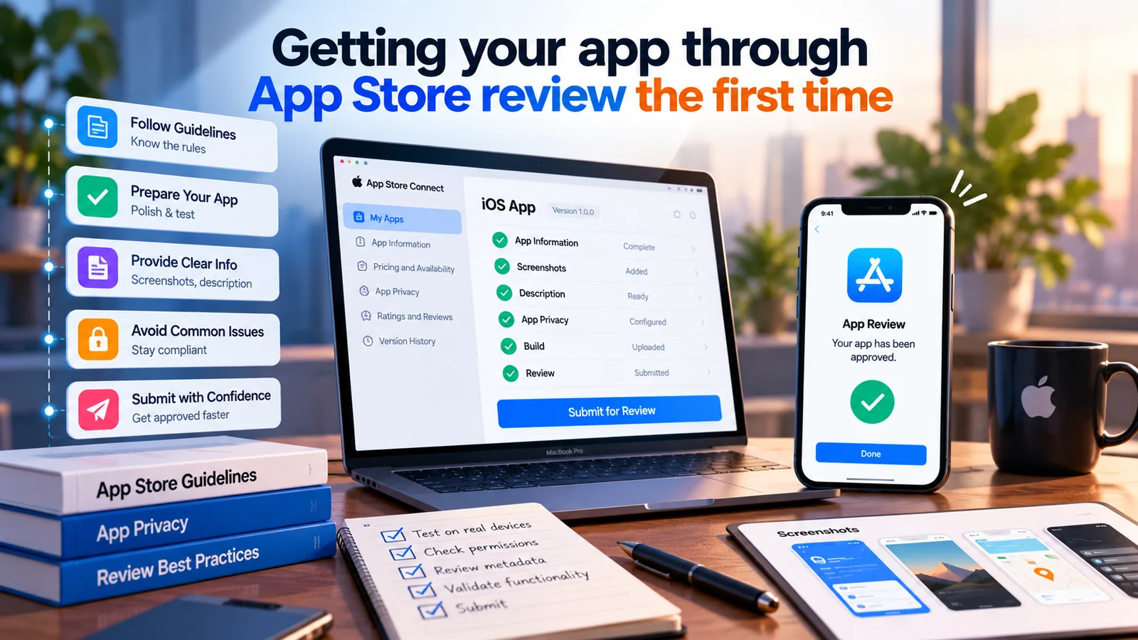 An App Store Connect checklist on a laptop with an approved app review notice on a phone