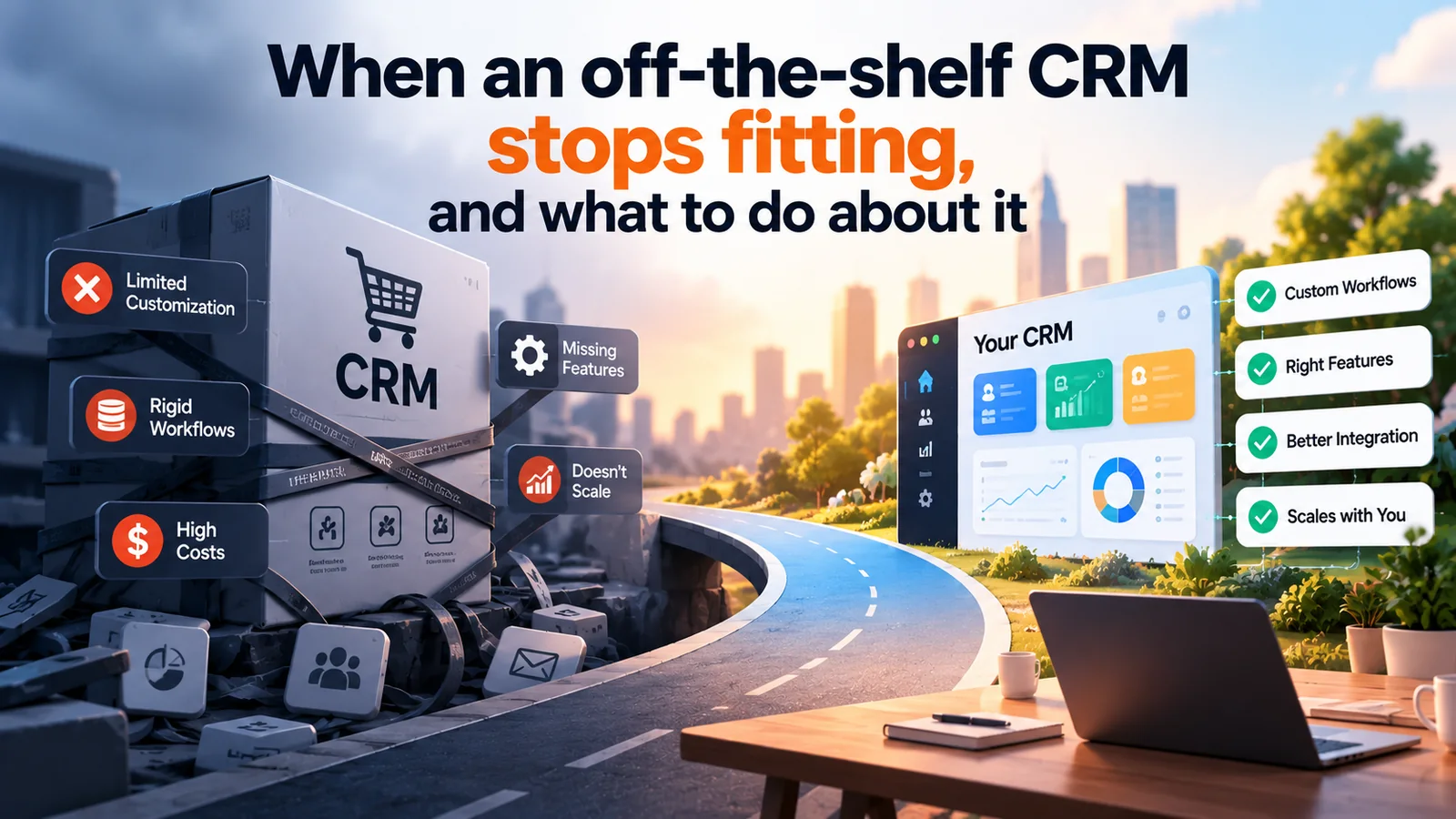 A boxed-in generic CRM on one side and a tailored CRM dashboard on the other