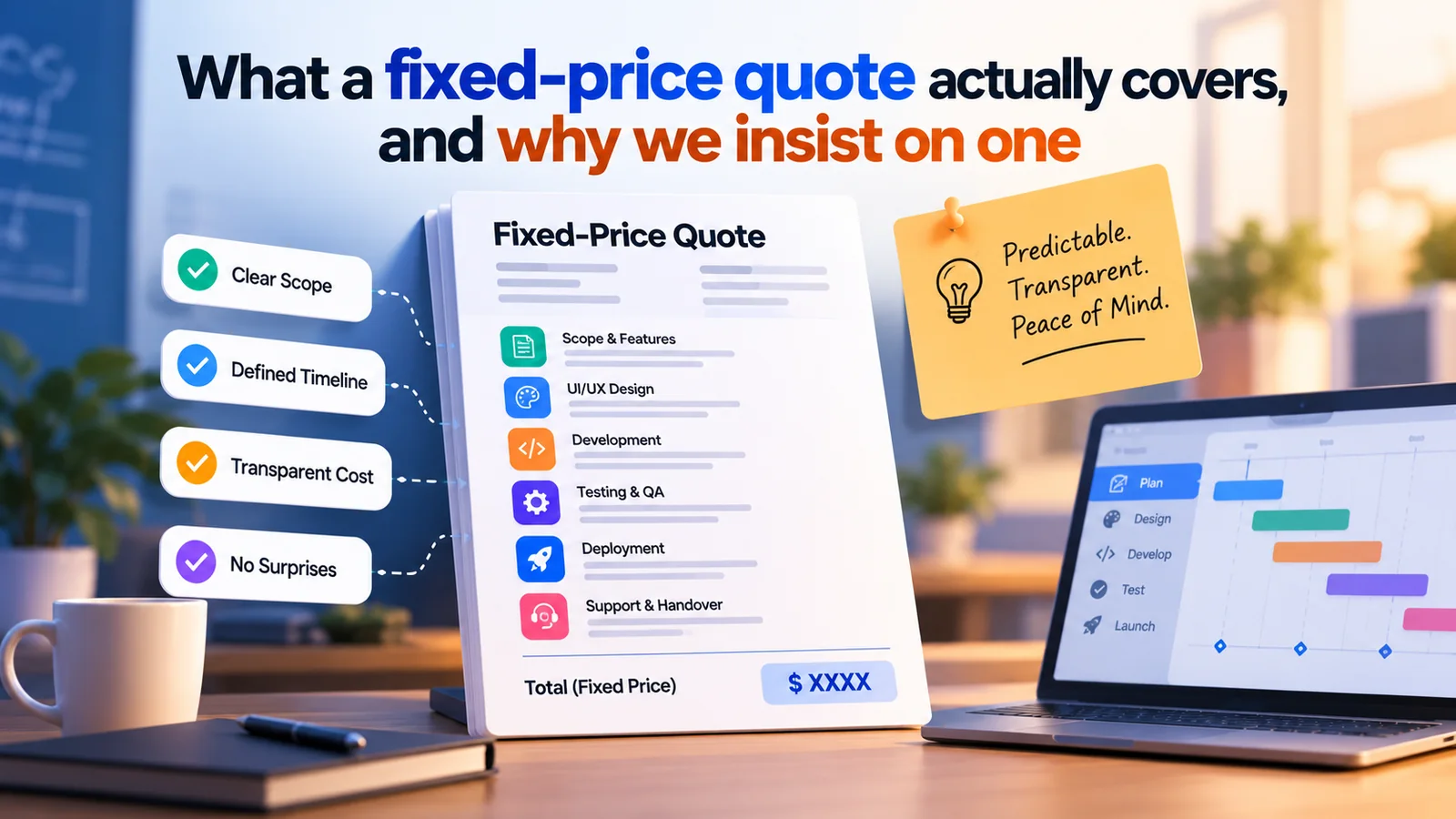 A fixed-price quote document listing scope, design, development, testing, deployment and support, next to a project timeline