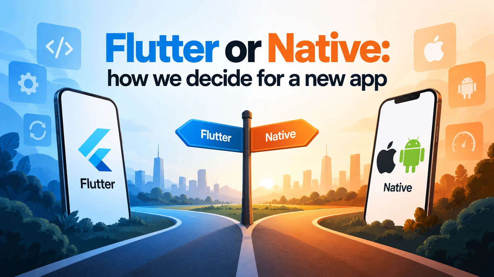 A signpost pointing to Flutter one way and Native the other, with a phone on each side