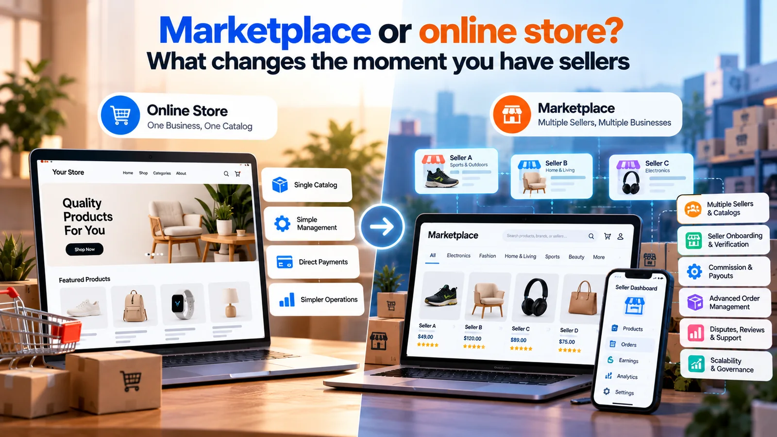 A single-catalogue online store compared with a multi-seller marketplace and its seller dashboard
