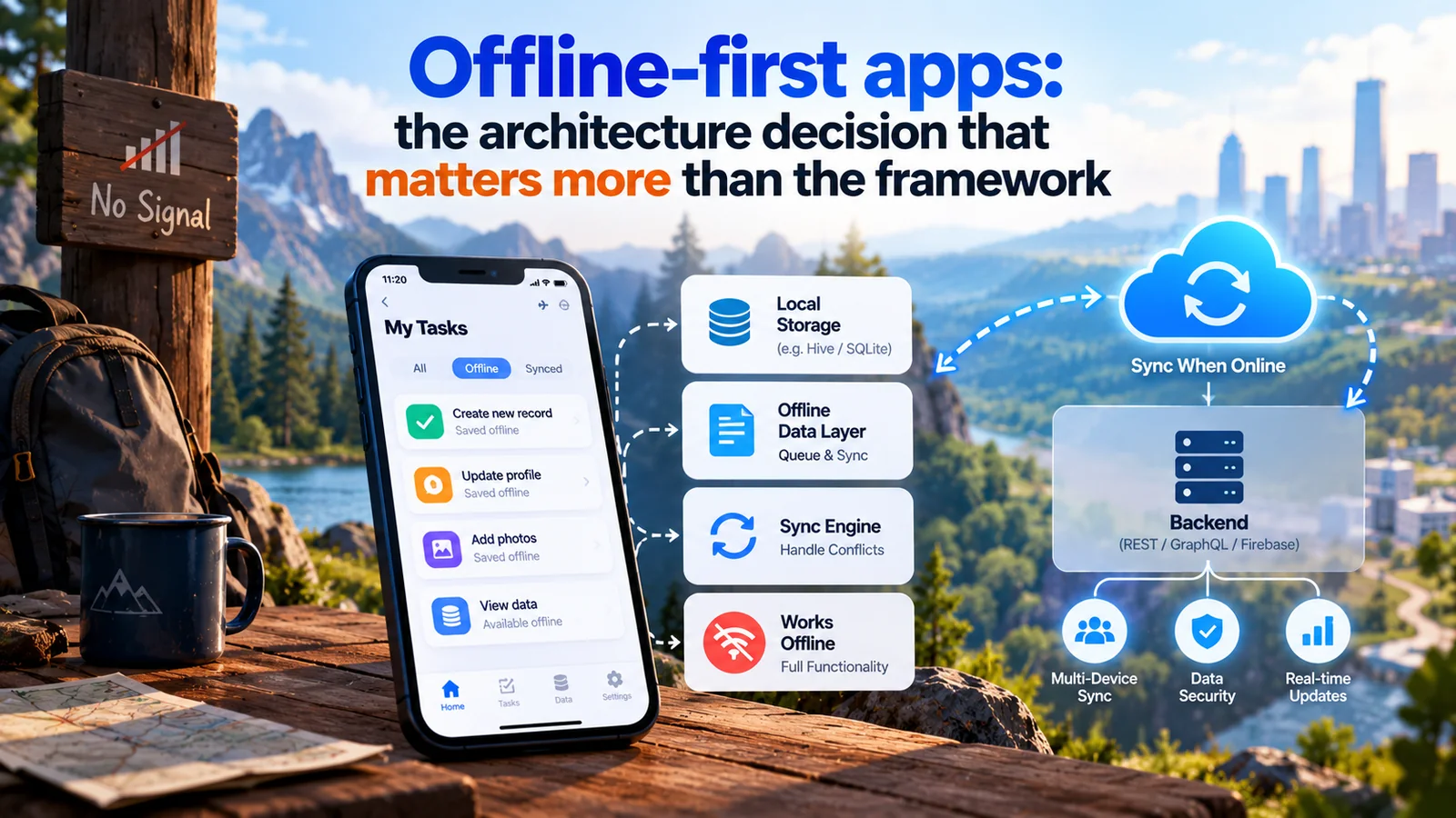 A phone saving tasks offline in the mountains, with a sync engine and backend that update when a connection returns