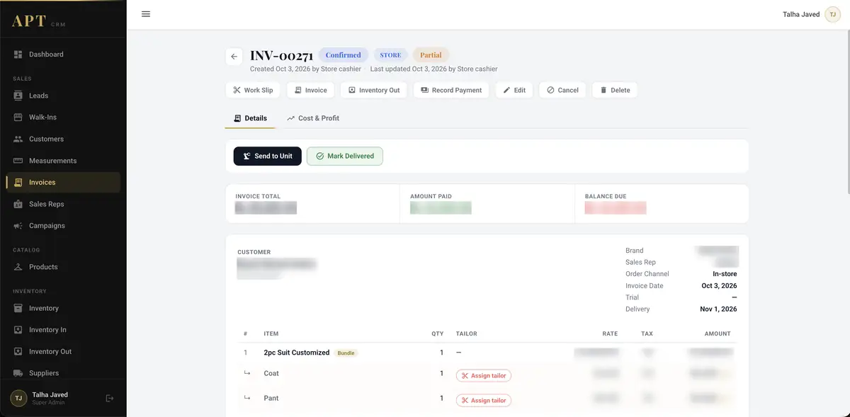 Invoice detail with customer and amounts blurred
