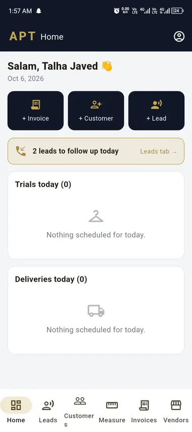 Sales app home with quick actions and today's follow-ups
