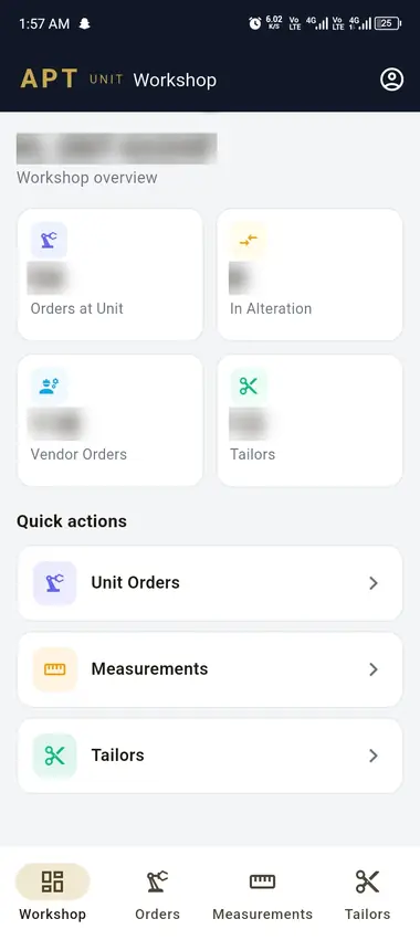 Workshop app overview with orders at the unit, blurred