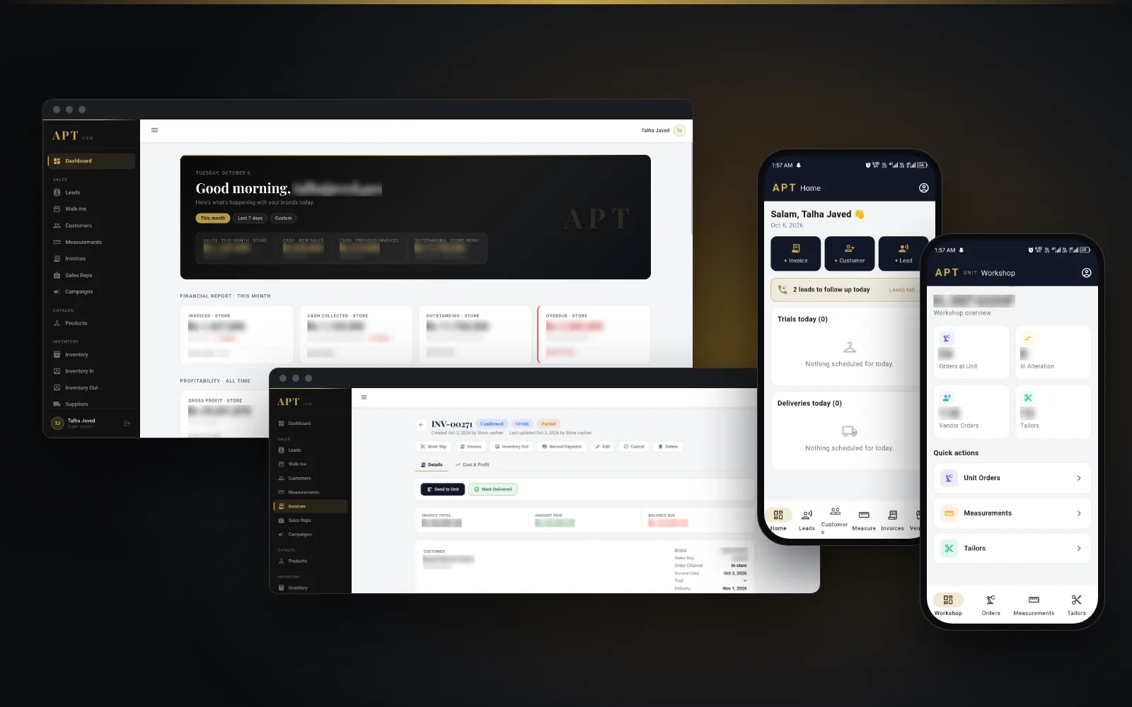 APT CRM web dashboard and invoice screen with the sales and workshop mobile apps