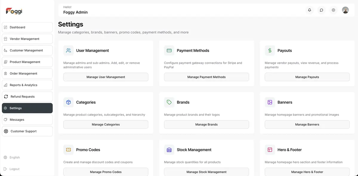 Foggi admin settings page